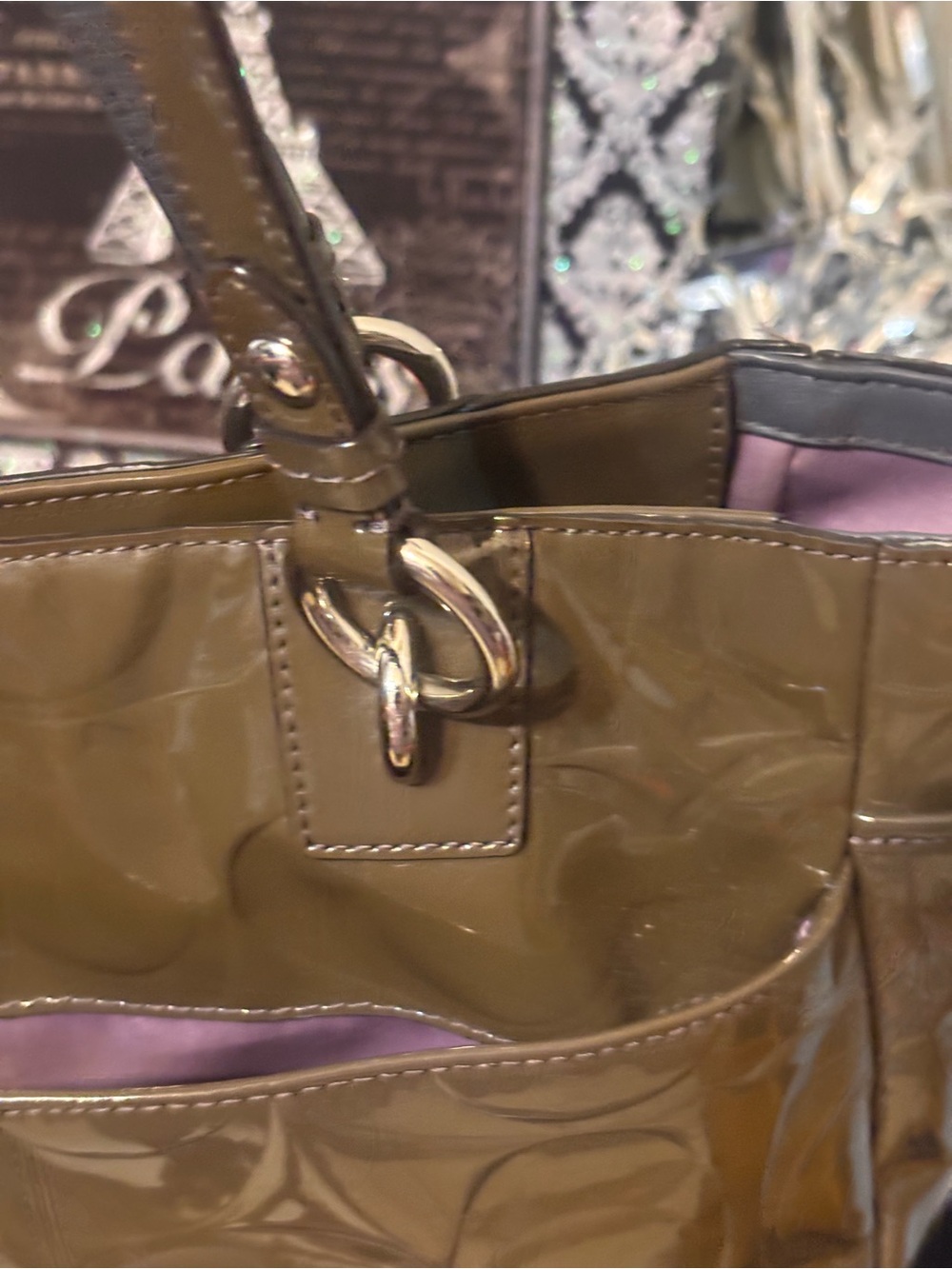 Coach Olive Patent Tote Bag with Pink Interior LIKE NEW